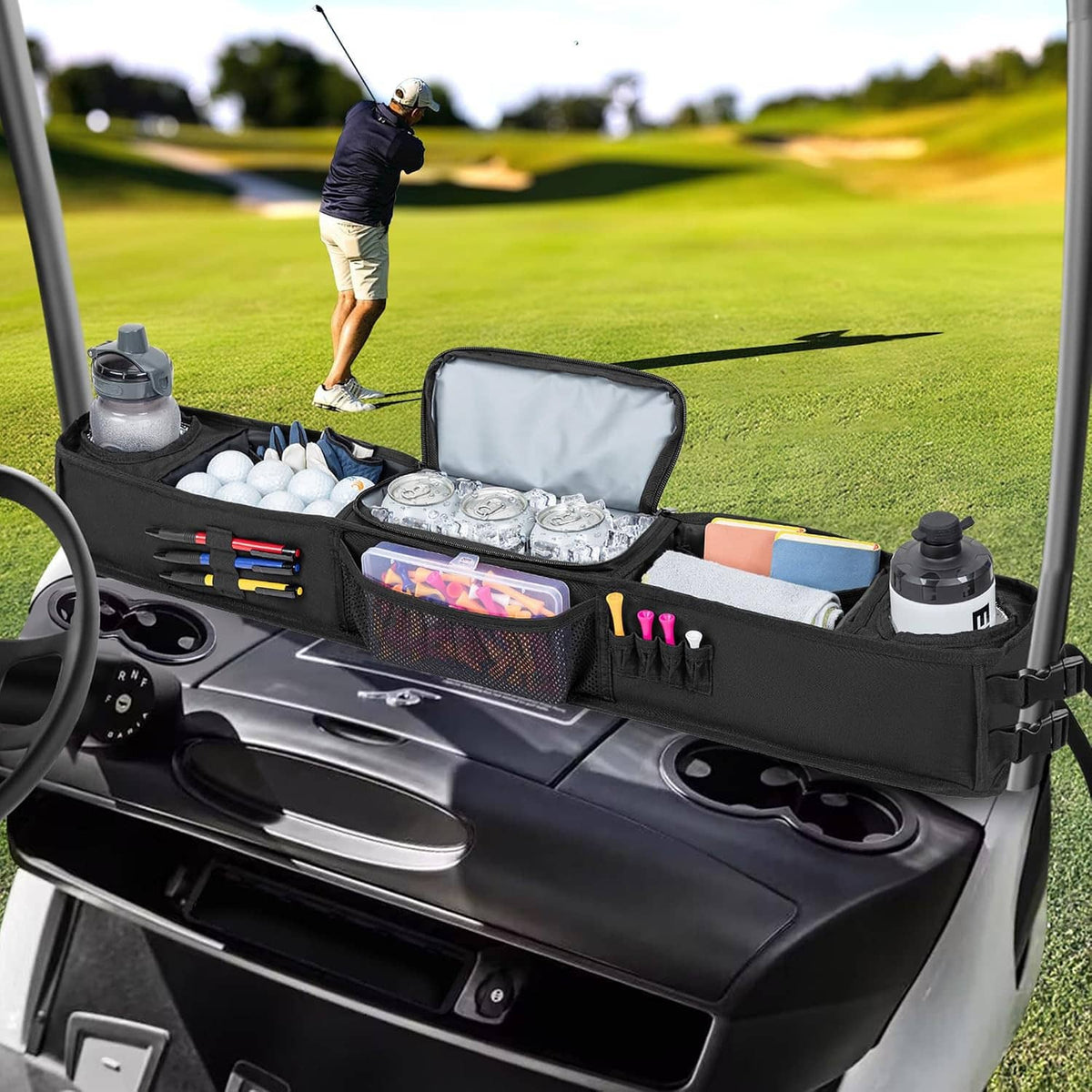 Black front golf cart storage tray on cart dashboard with cooler insert and accessory pockets