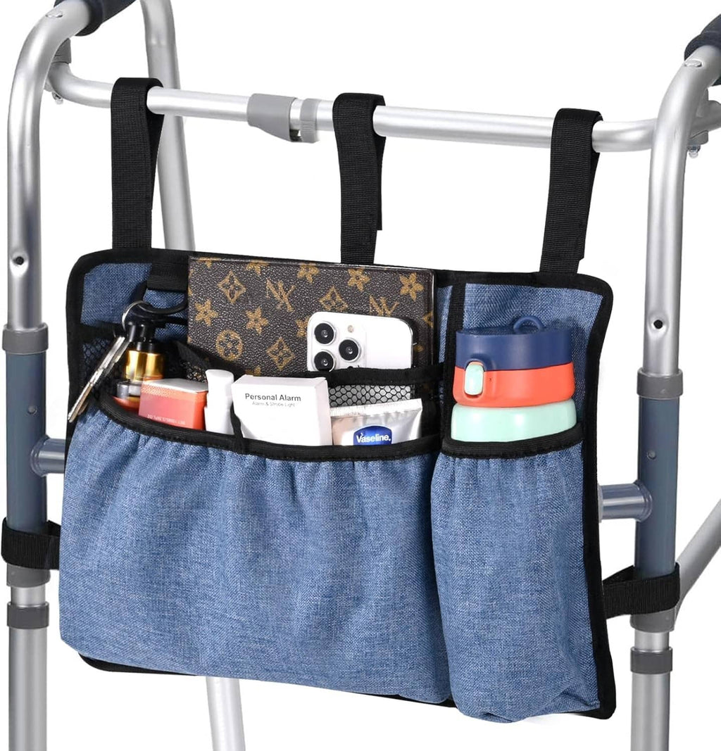 Blue denim walker bag with multiple pockets and cup holder, black trim