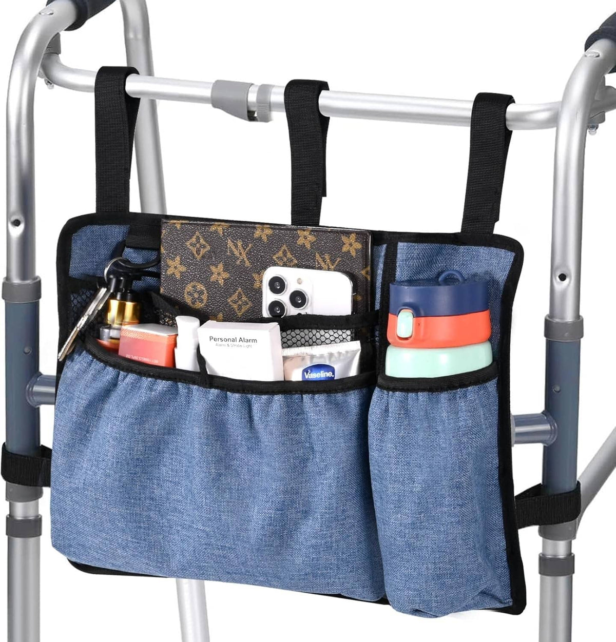 Blue denim walker bag with multiple pockets and cup holder, black trim