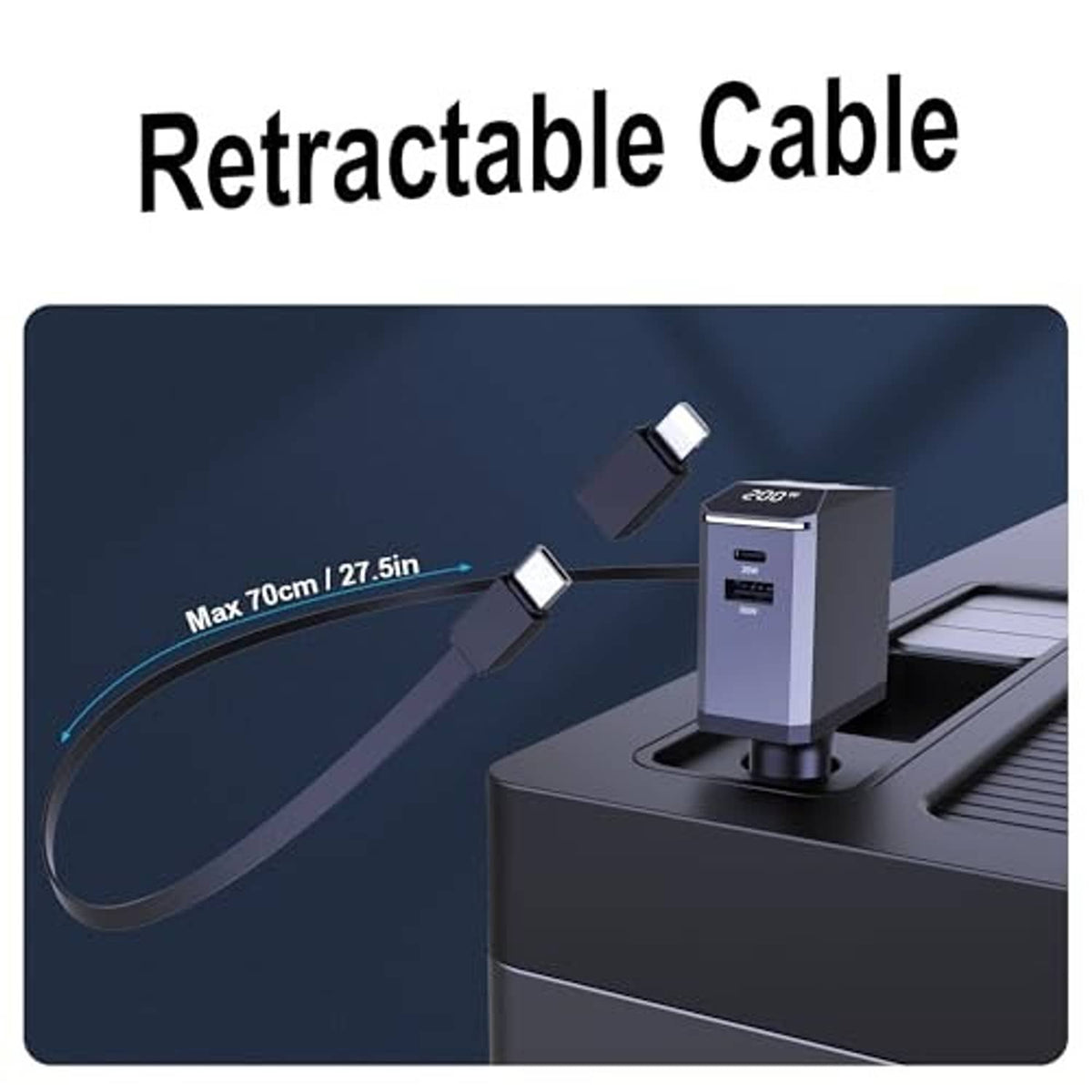 Retractable charging cable car charger with dual connectors and maximum length shown