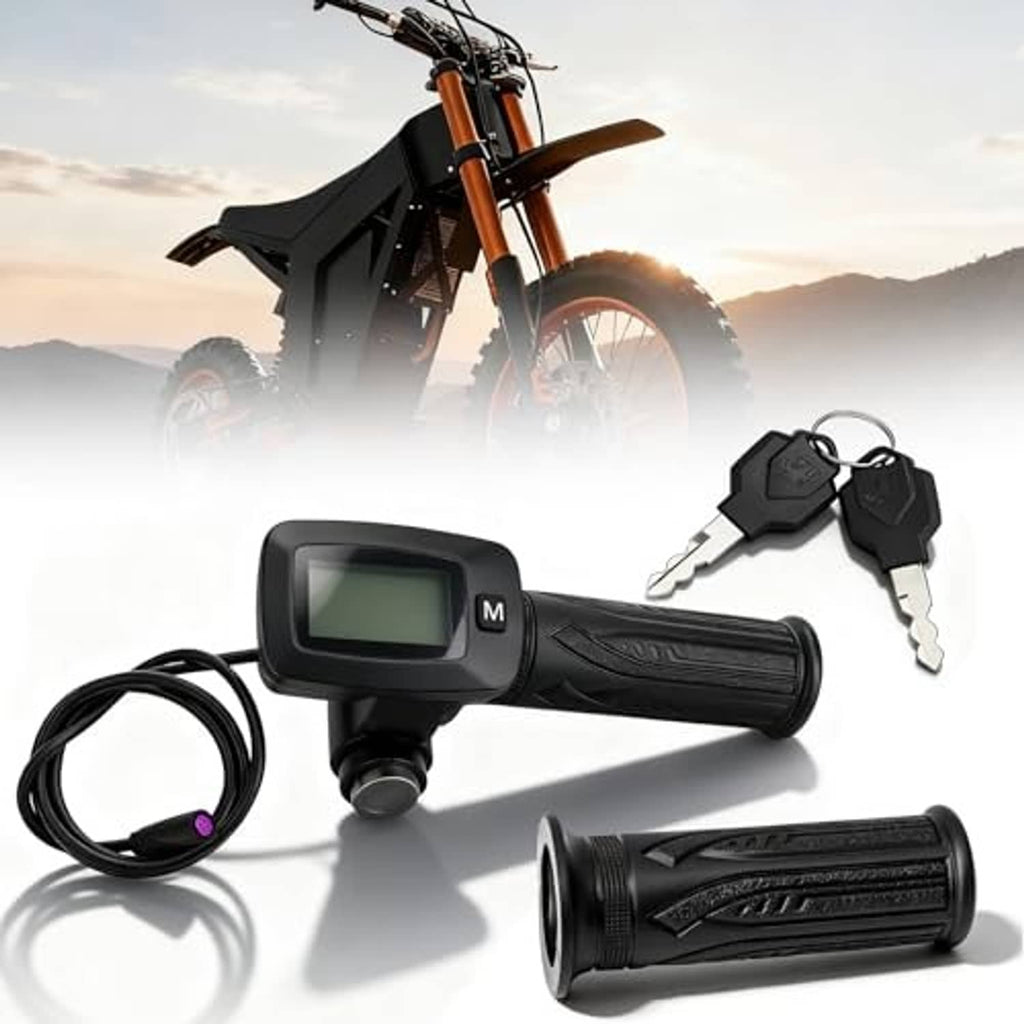 Throttle LCD display unit with M button, black handle grips, keys, and wiring cable