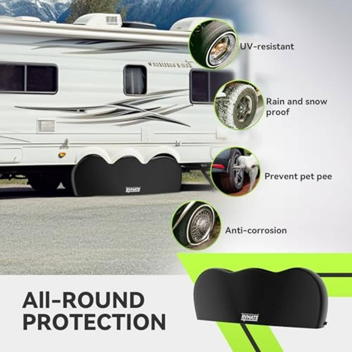 Black triple-axle tire cover placed on RV wheel for all-round protection