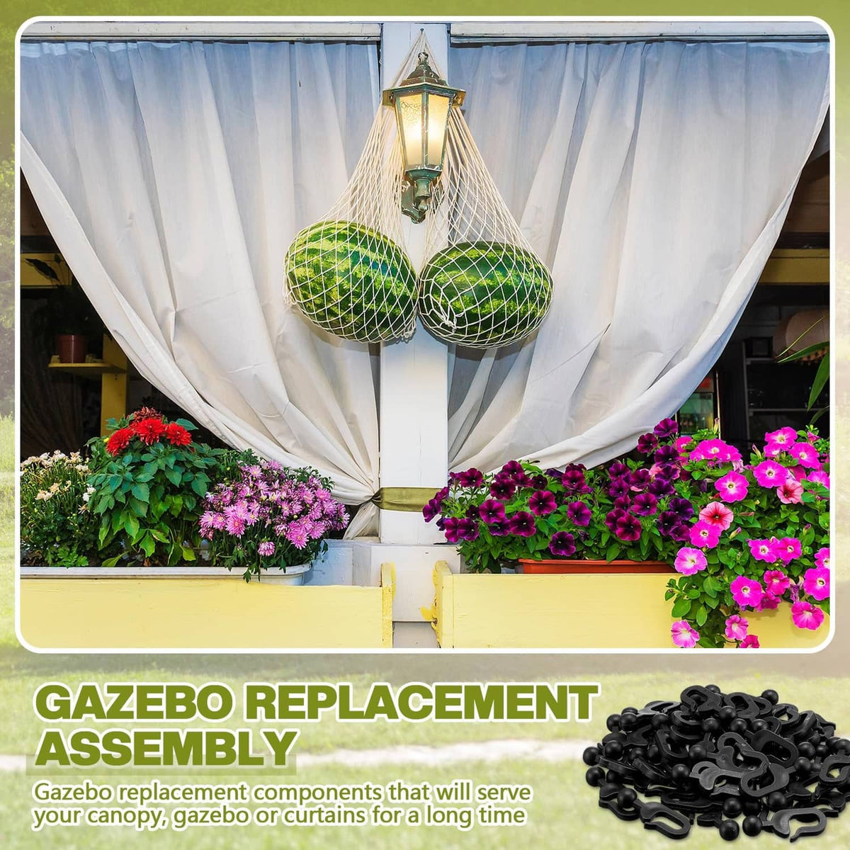 Black plastic replacement curtain hooks, scattered clips for gazebo netting and curtains