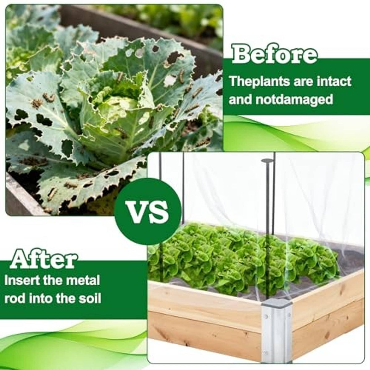 Raised garden bed covered with white mesh netting supported by metal stakes