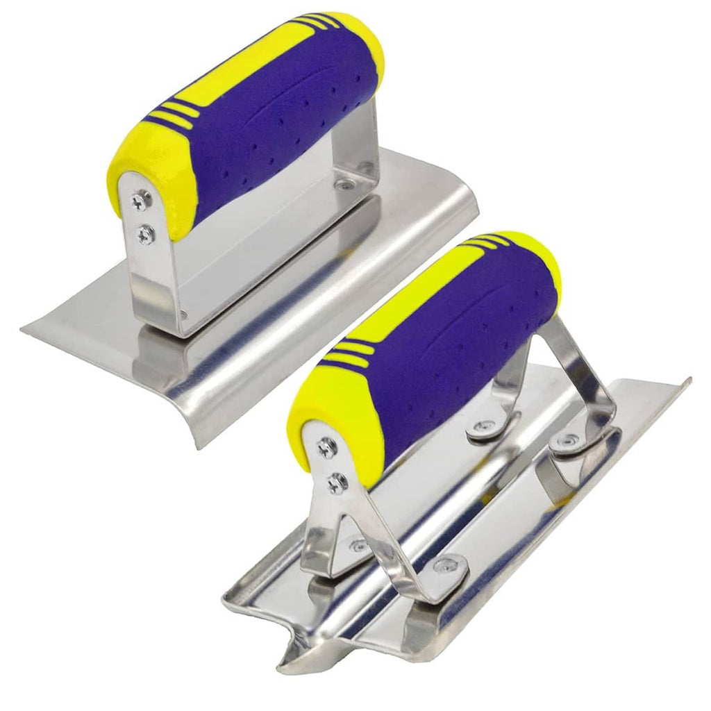 Stainless steel hand edger with yellow-and-purple handle, metal base and edging shoe.