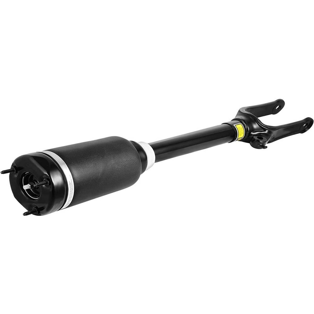 Air suspension shock strut with black cylinder, white ring, and fork top mount