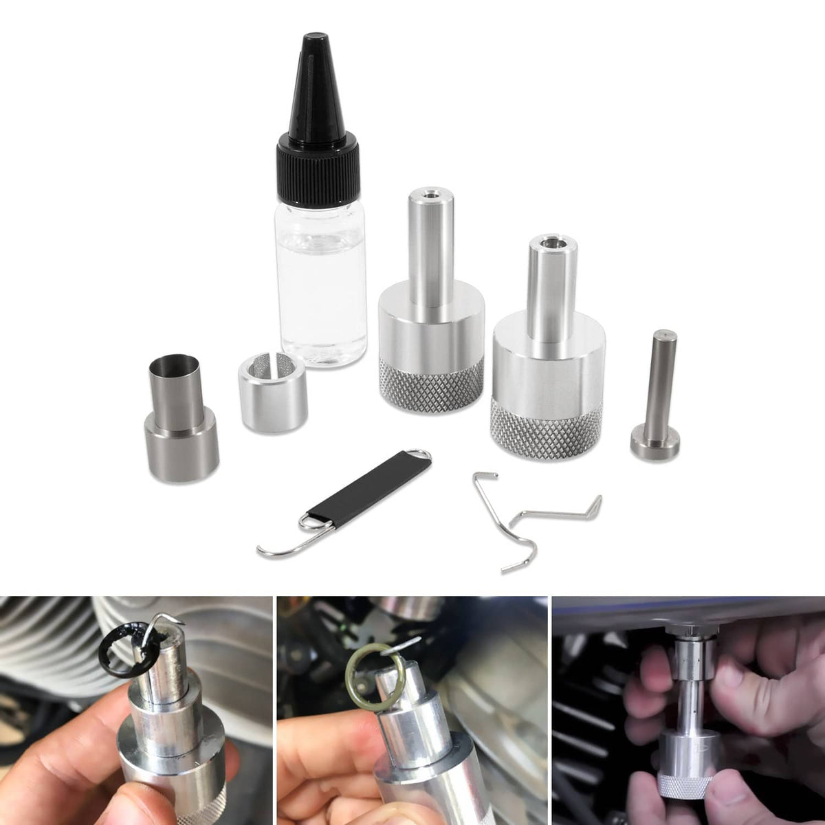 Fuel check valve rebuild installation tool kit with metal sleeves, hooks, and lubricant bottle