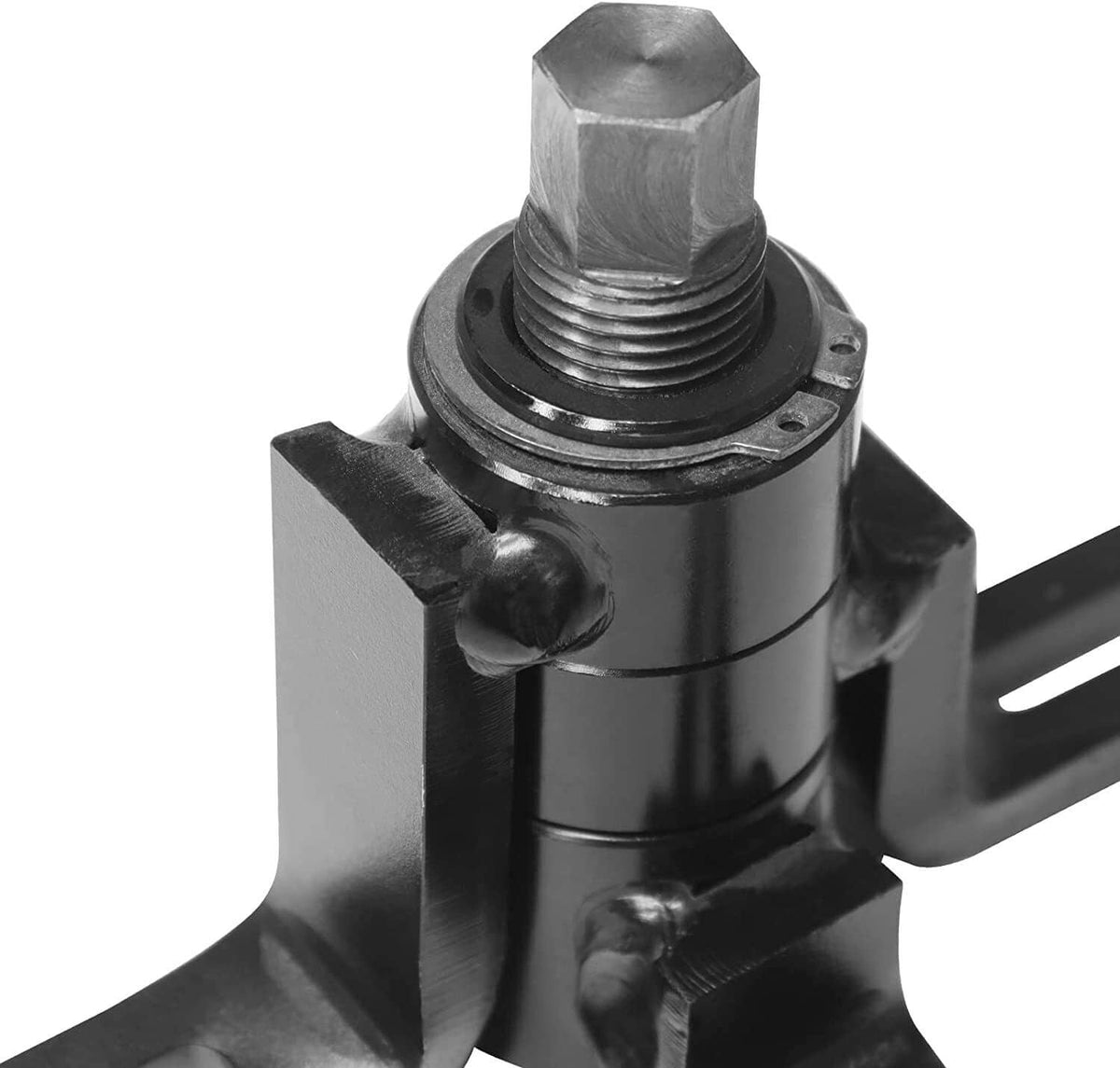 Crankcase splitter tool close-up of central threaded spindle and base joints