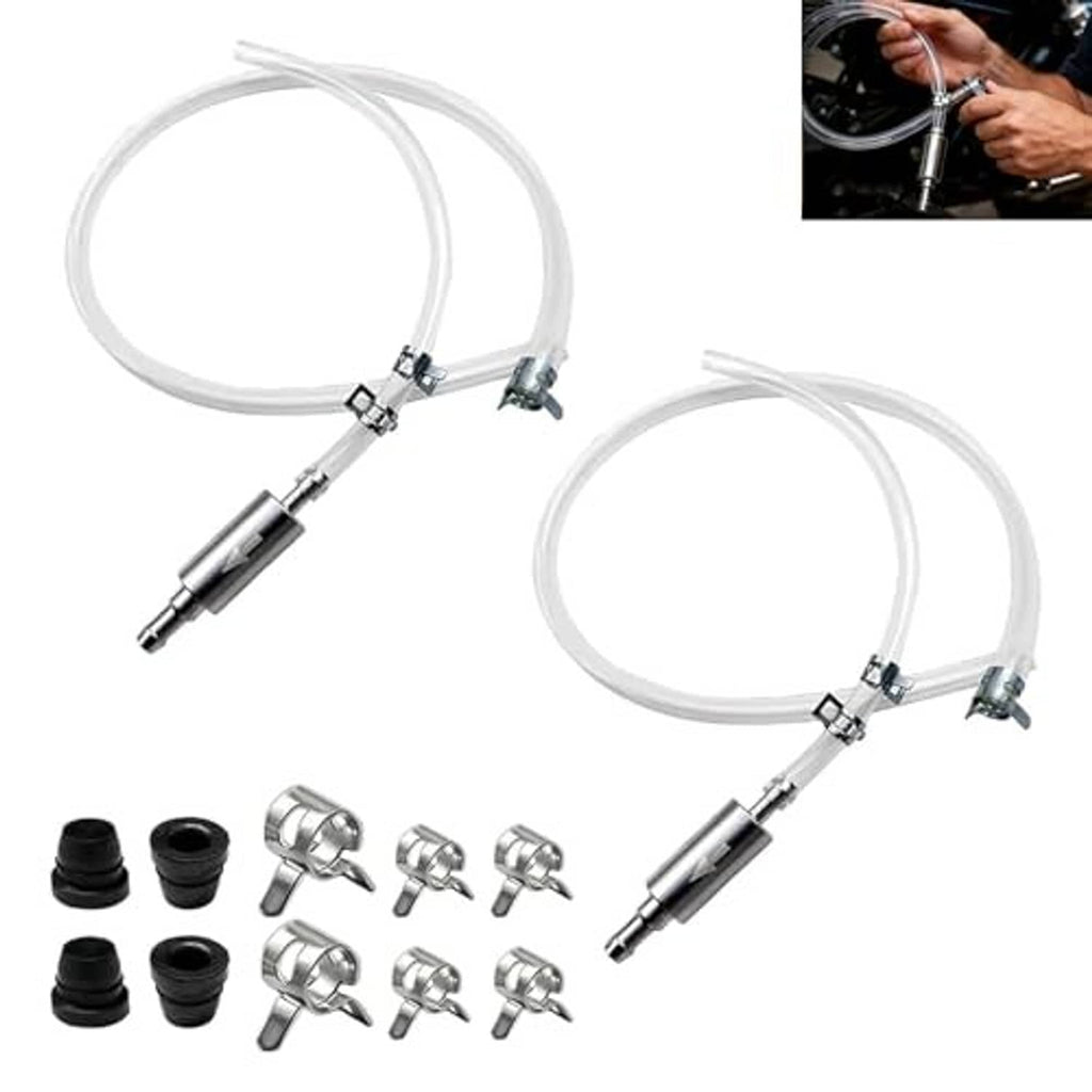 Brake bleeder hose set with two clear lines, brass fittings, and one-way check valves