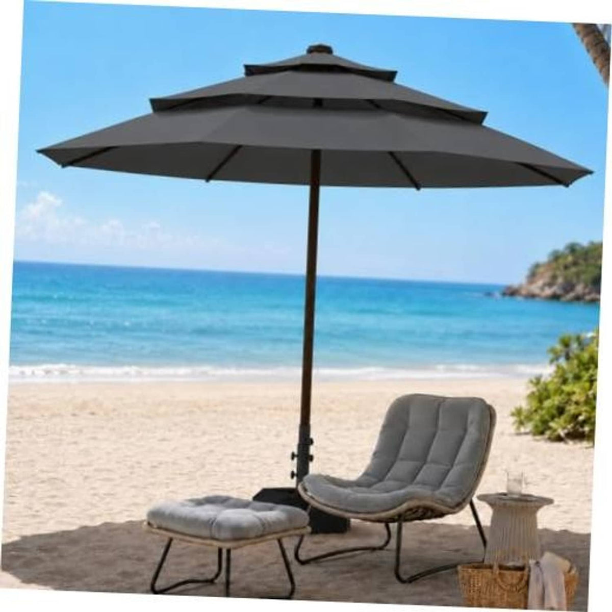 Grey 3-tier patio umbrella with vented canopy and central pole