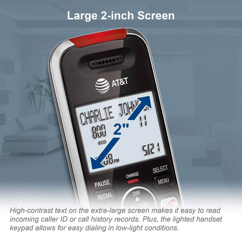Black cordless phone handset with 2-inch screen and large visible keypad controls