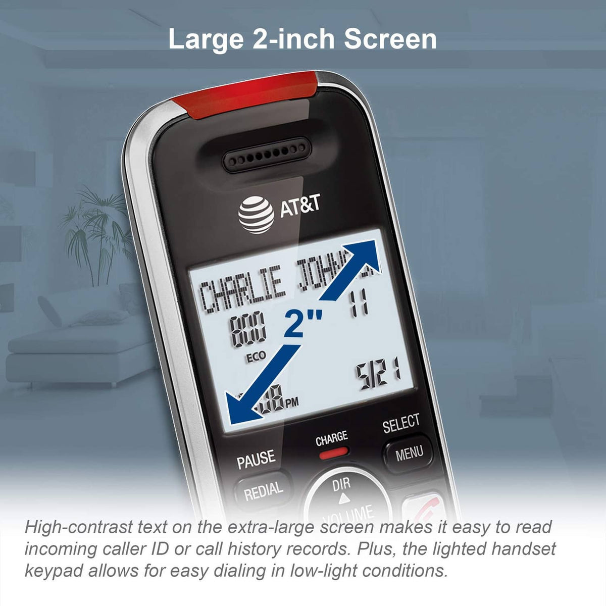 Black cordless phone handset with 2-inch screen and large visible keypad controls