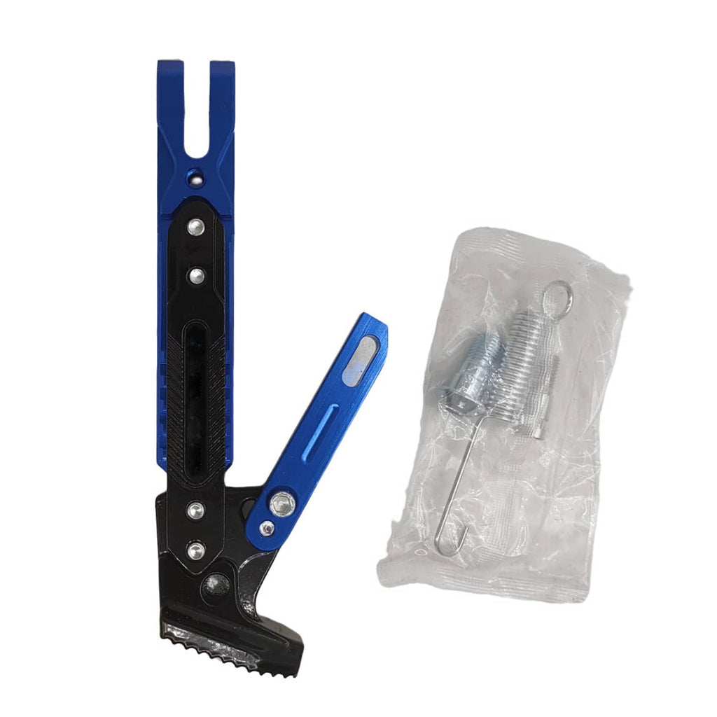 Blue adjustable motorcycle kickstand holder bracket with hardware screws in bag