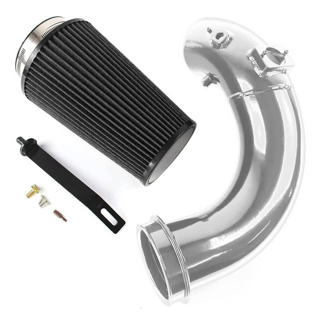 Intake tube kit with black filter element, polished piping, and mounting hardware