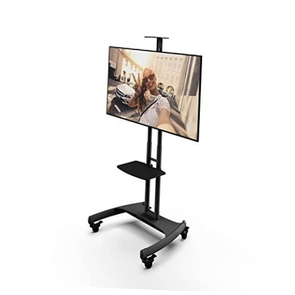 Height-adjustable mobile TV stand with black base, rolling casters, and vertical TV mount