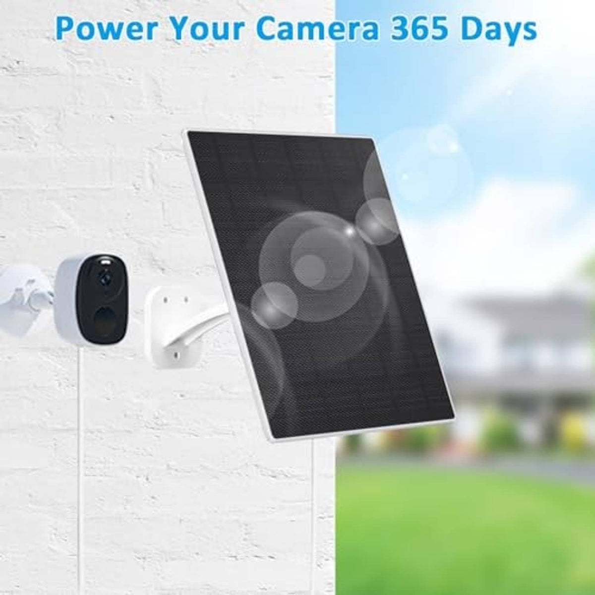 Black solar panel mounted on wall with white bracket and nearby security camera