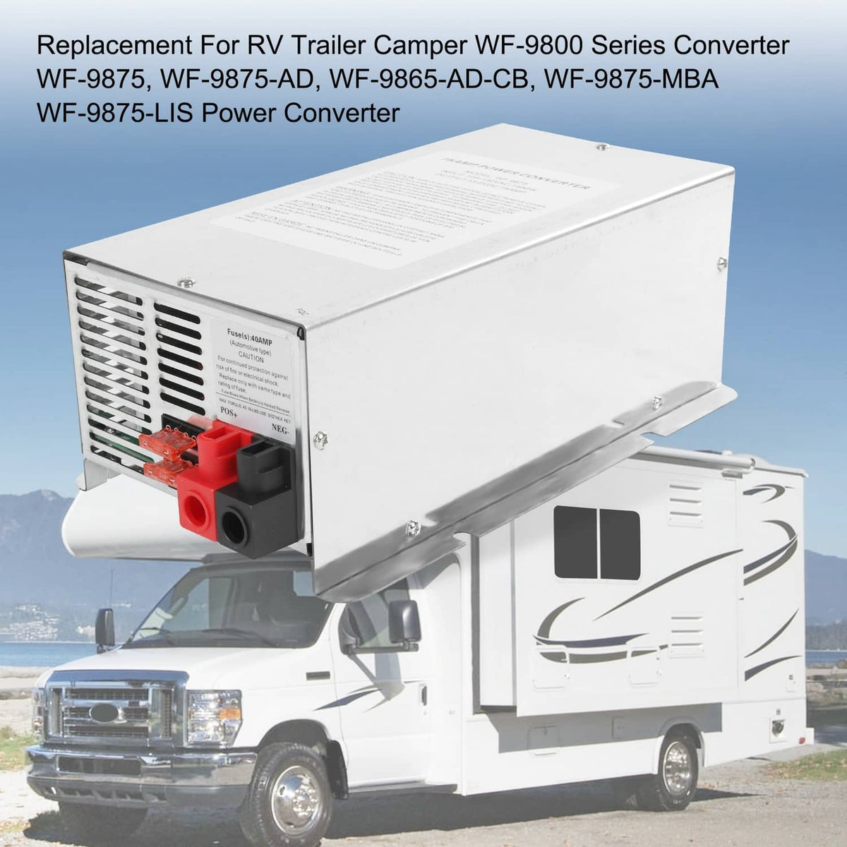 Deckmount power converter installed on an RV with ventilation grille and output ports