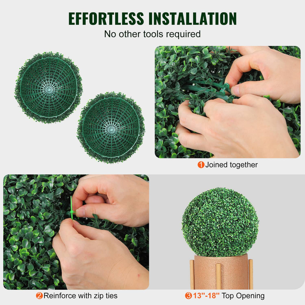 Artificial greenery topiary ball with net base, joined and reinforced with ties