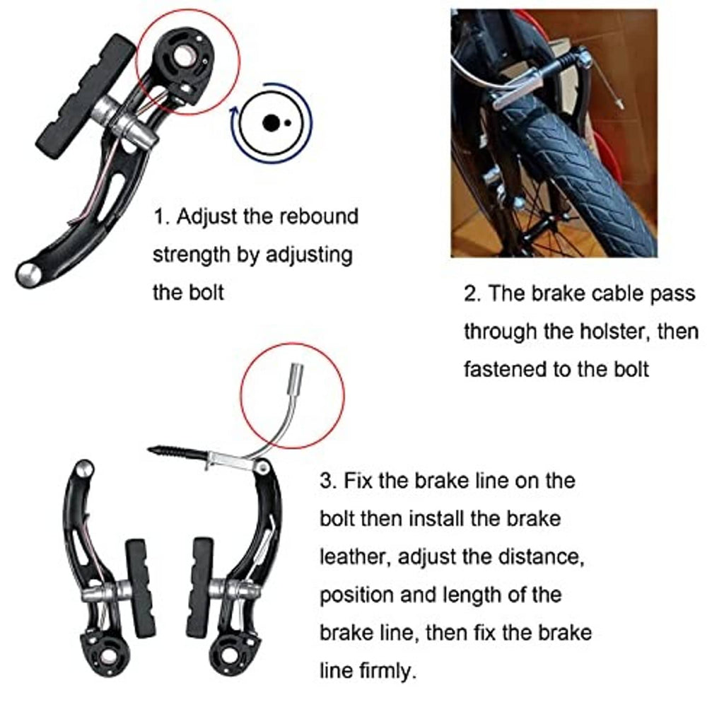 Bicycle rim brake caliper and mounting parts with illustrated step diagram