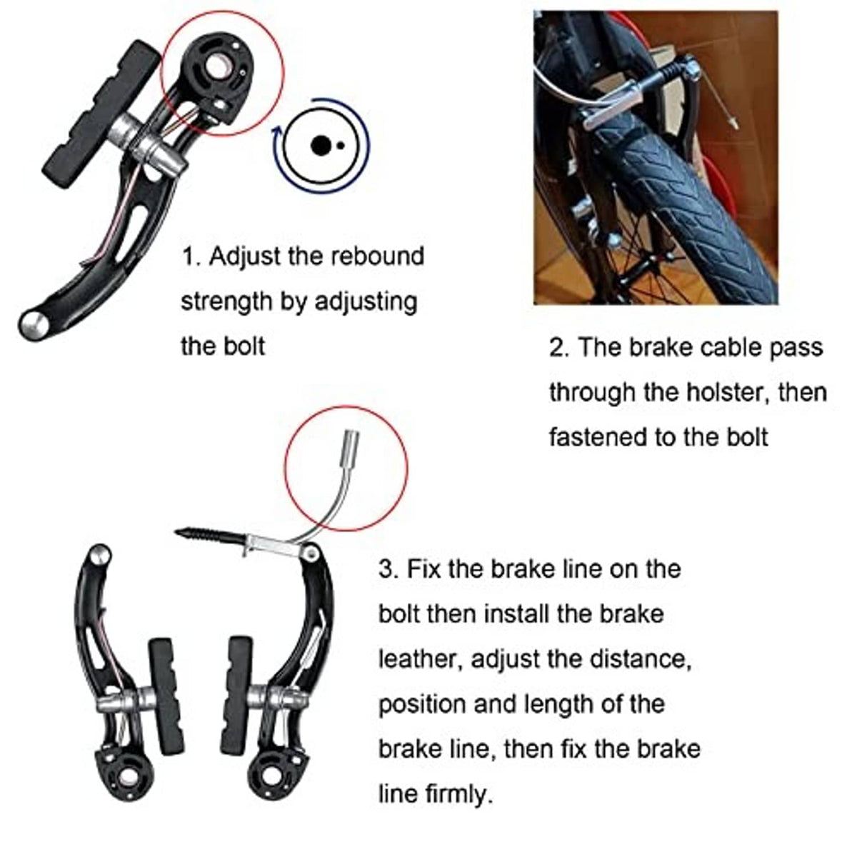 Bicycle rim brake caliper and mounting parts with illustrated step diagram