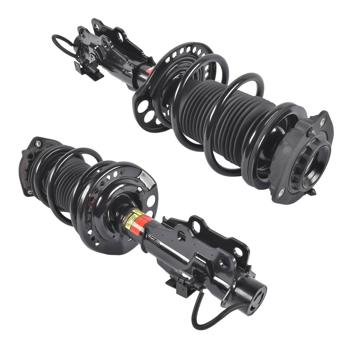 Pair of front strut assemblies with black coil springs and sensor wiring