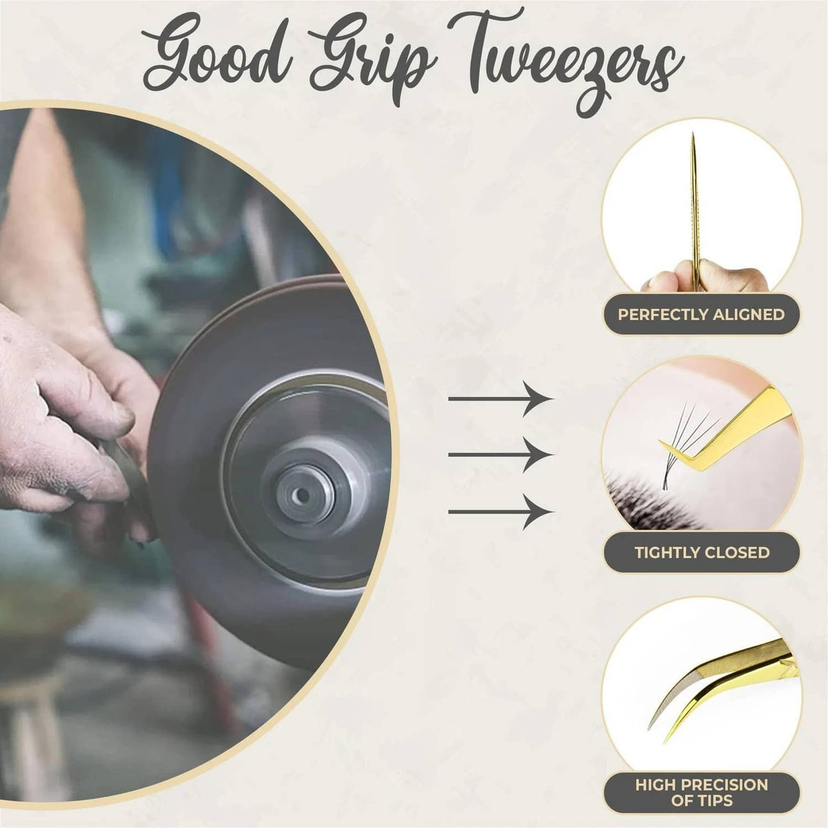 Gold diamond-grip eyelash tweezers with precise point, shown with close-grip diagram