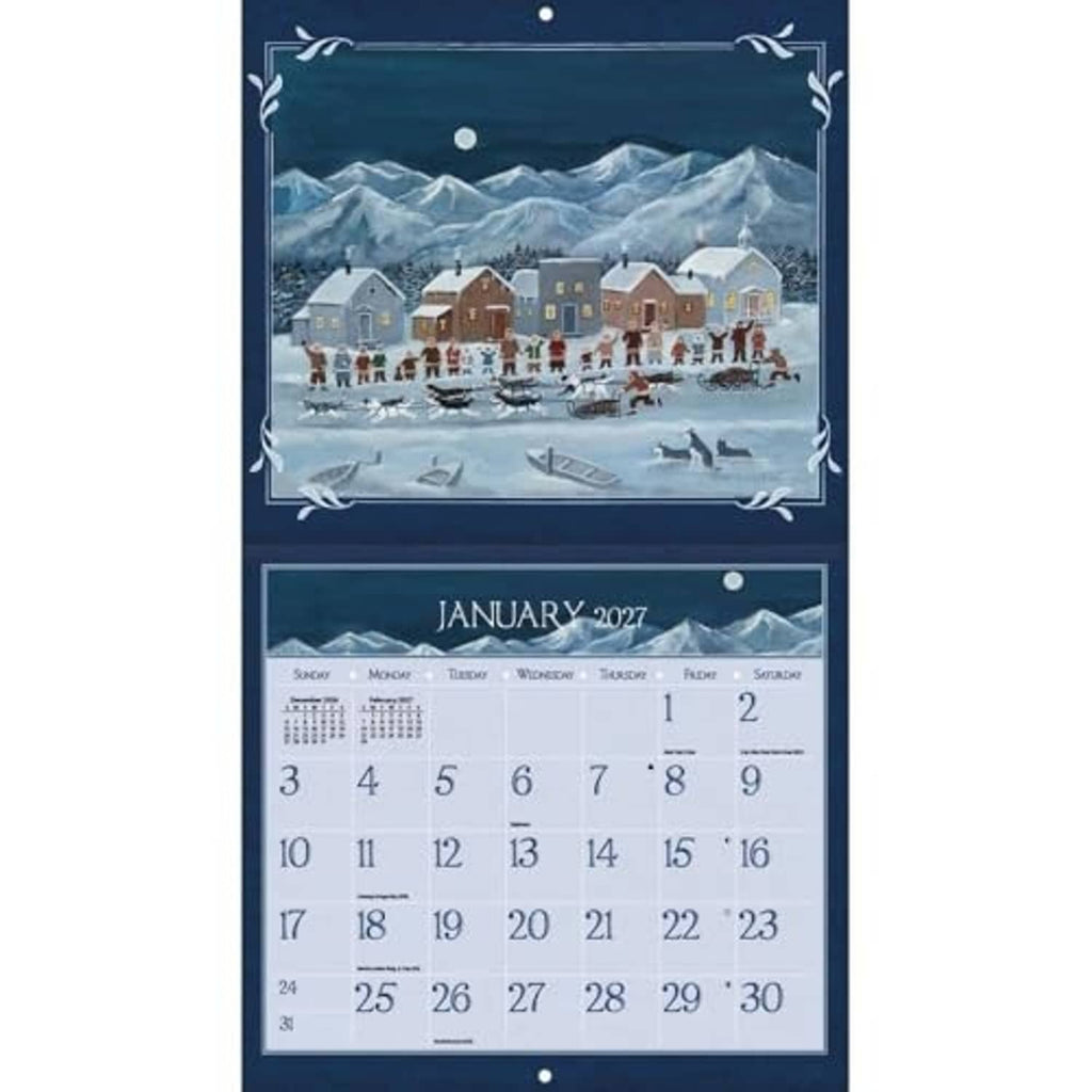 LANG Folk Art 2027 wall calendar front with snowy village artwork and January 2027 grid
