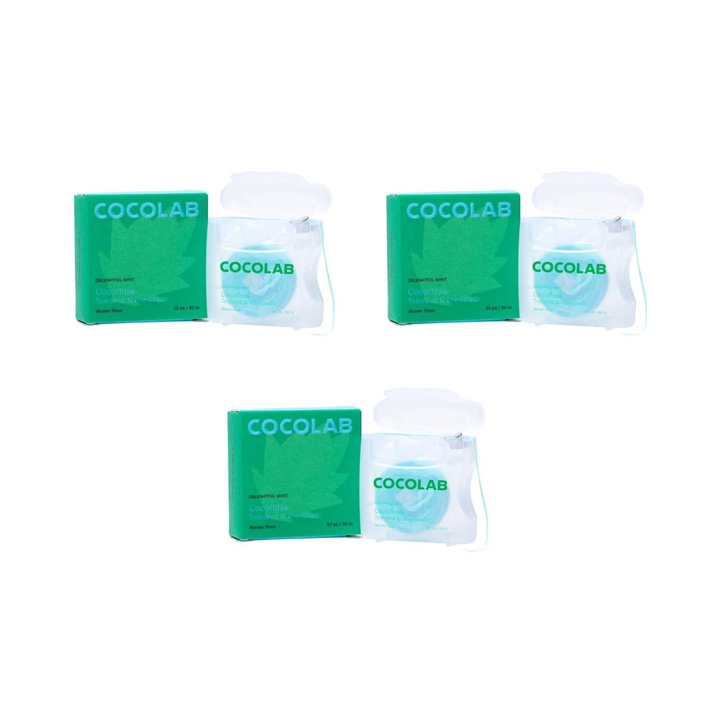 Expanding woven dental floss multipack in mint, with three sealed pouches and boxes