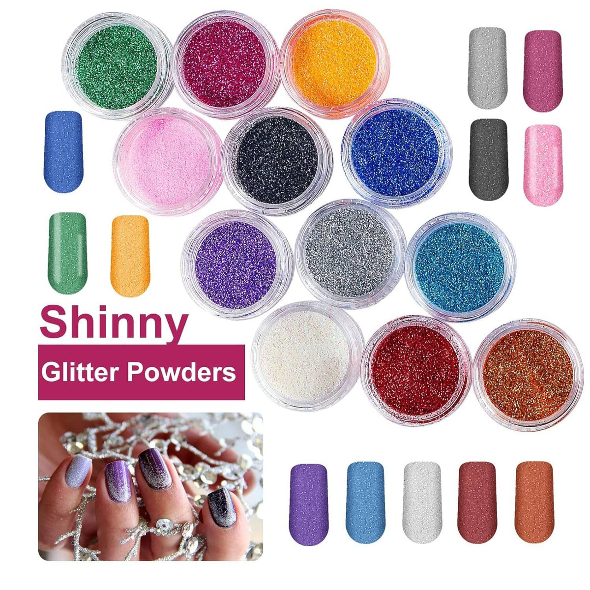Shiny glitter powder jars in multiple colors with nail swatch sticks