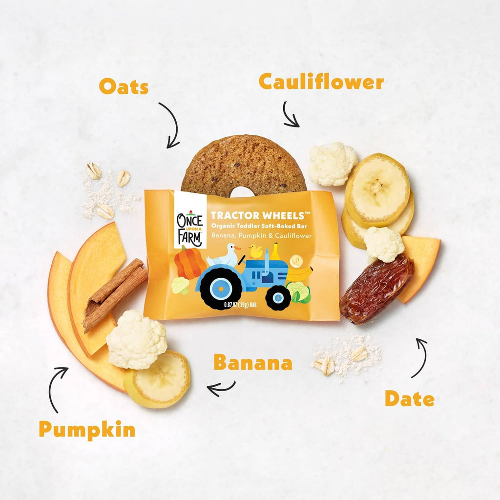 Banana soft baked bar with tractor graphic, with banana and fruit slices around it.