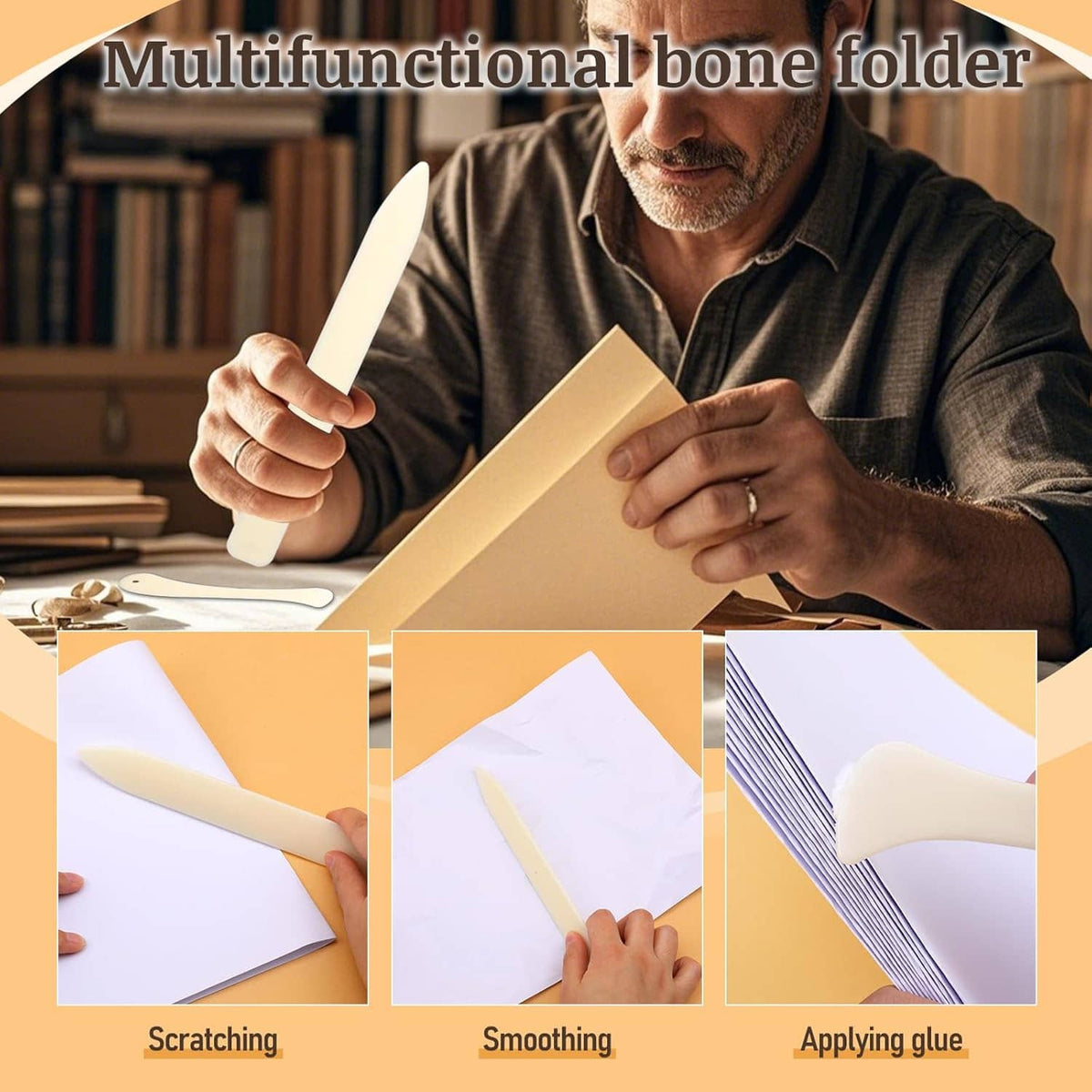 Bone folder tool for creasing paper, shown smoothing and preparing book pages