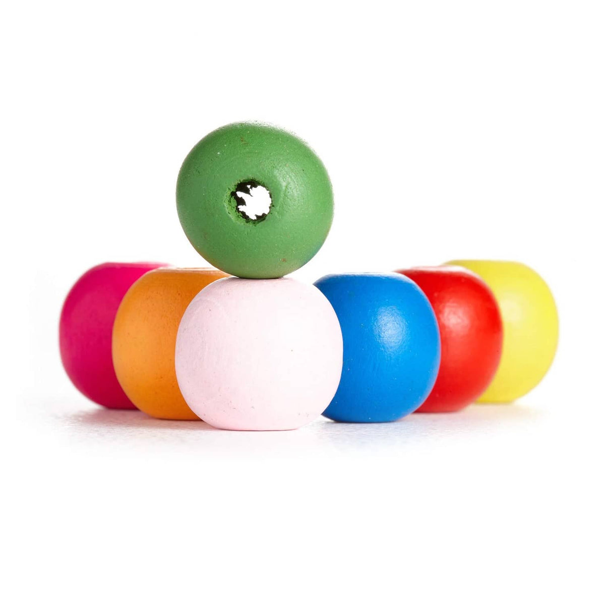 Round wooden beads in green, pink, orange, white, blue, red, yellow, each with drilled hole