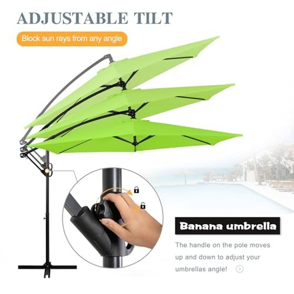 Green cantilever umbrella with adjustable tilt mechanism on black pole