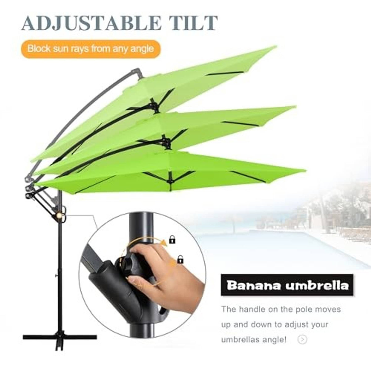 Green cantilever umbrella with adjustable tilt mechanism on black pole