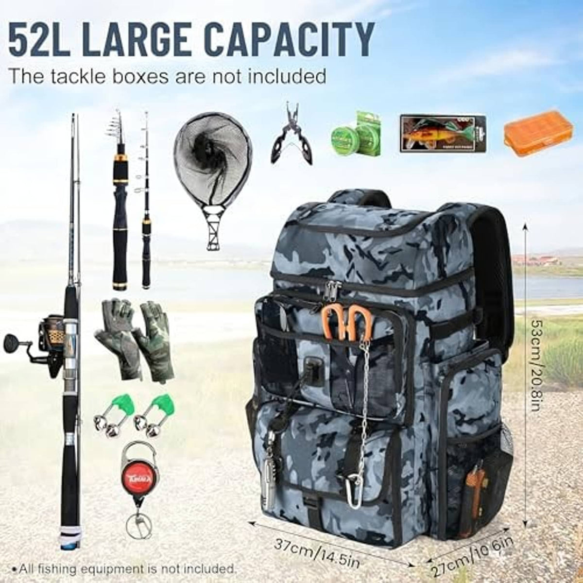 Camouflage fishing tackle backpack with rod holders and stacked front storage compartments