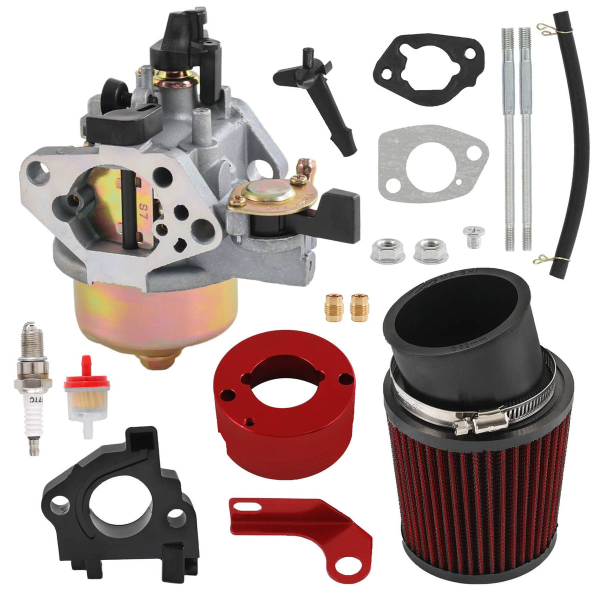 Air filter adapter jet kit set with carburetor, red cone filter, gaskets, and screws
