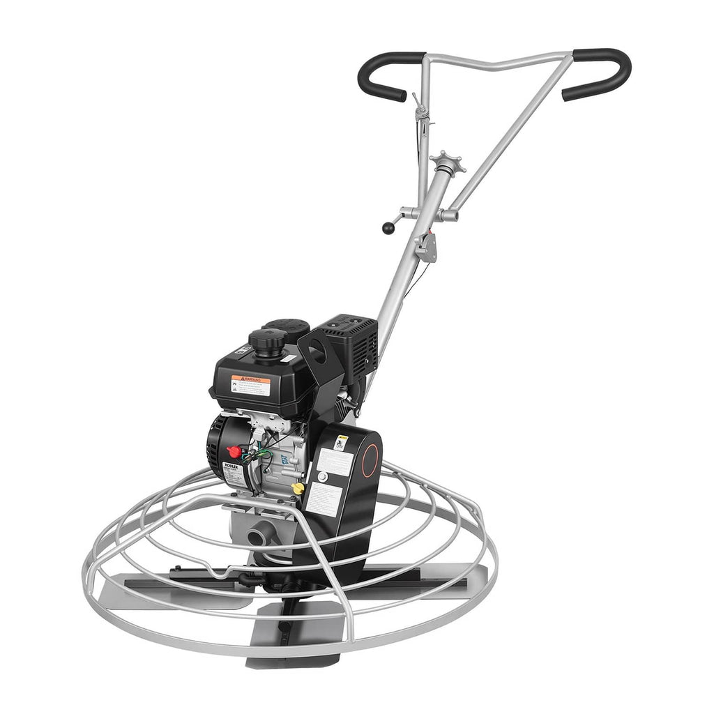 Gas concrete power trowel with upright handle and circular guard, black engine housing