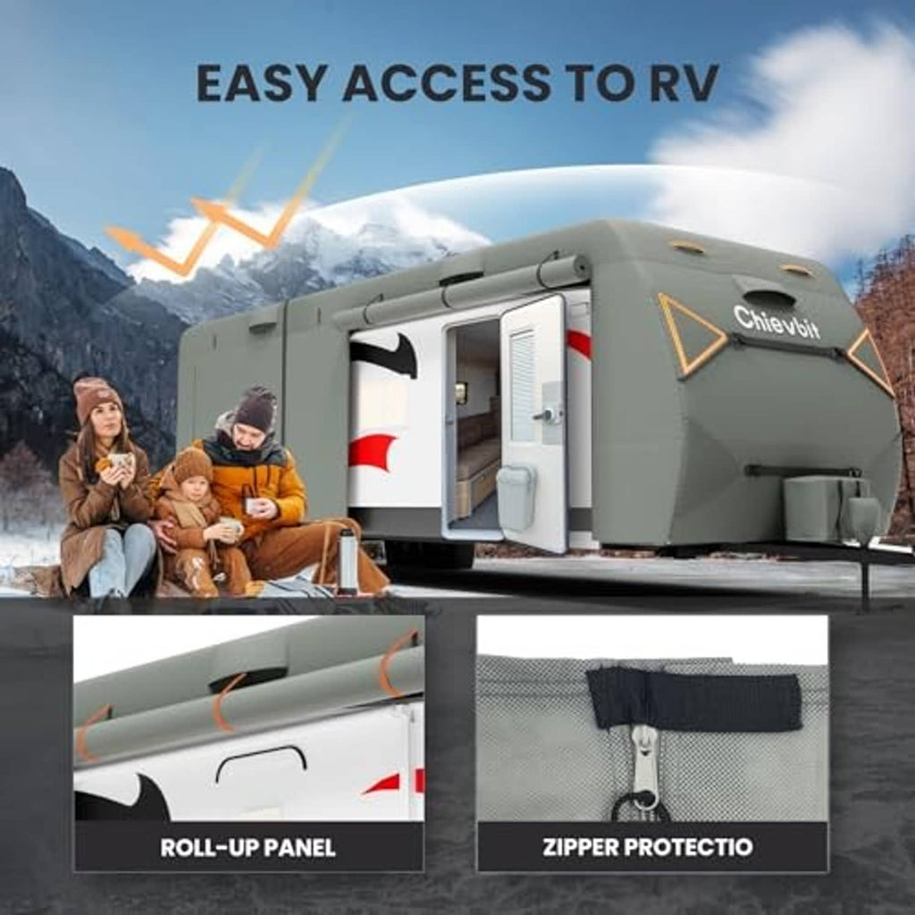 Gray RV travel trailer cover with easy-access zip door opening