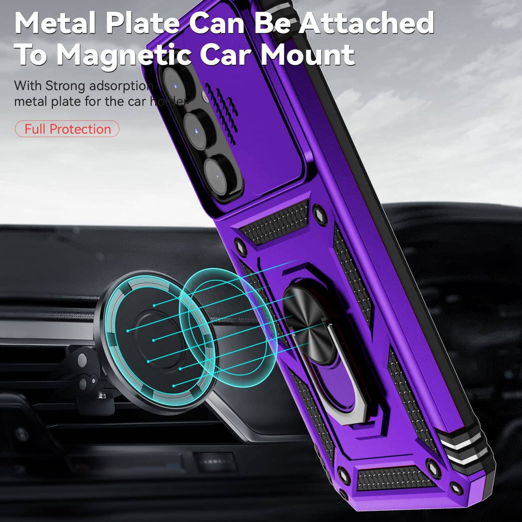 Purple rugged phone case with metal plate and ring kickstand, angled view