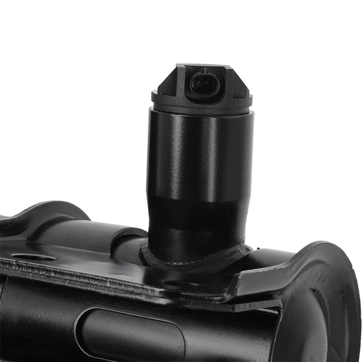 Air suspension strut assembly with sensor plug on black shock body and mounting bracket