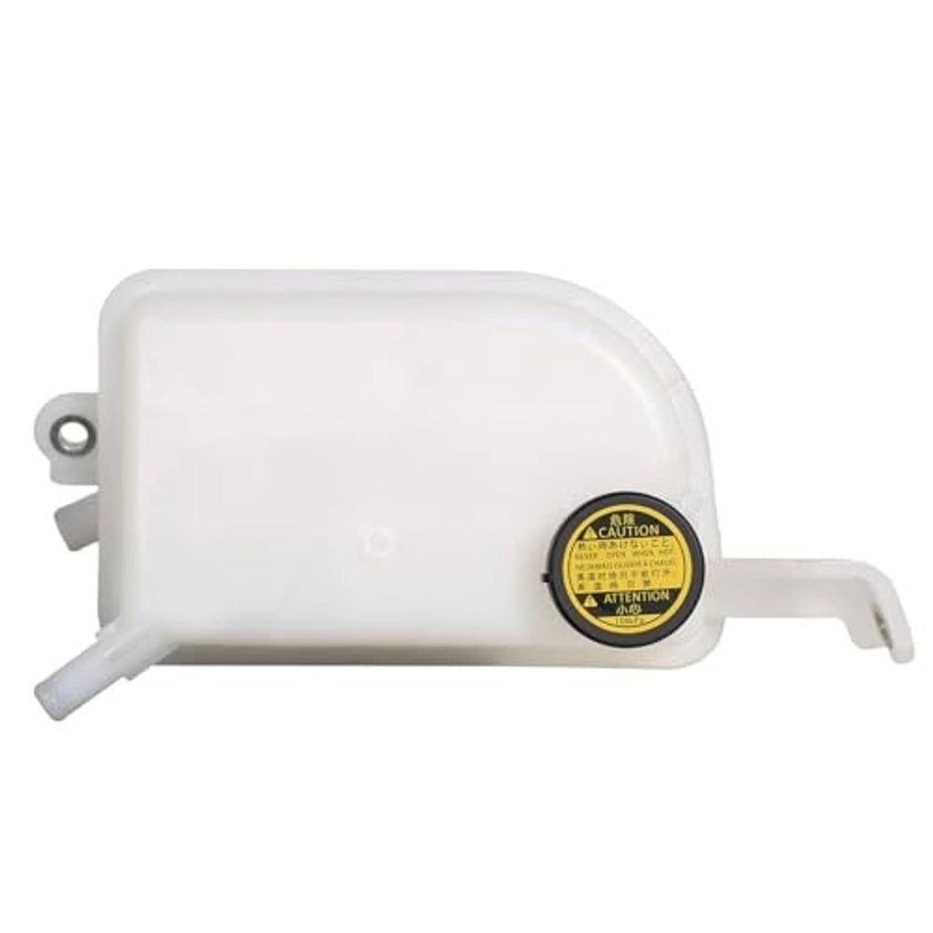 White engine coolant expansion tank with mounting bracket and caution cap label