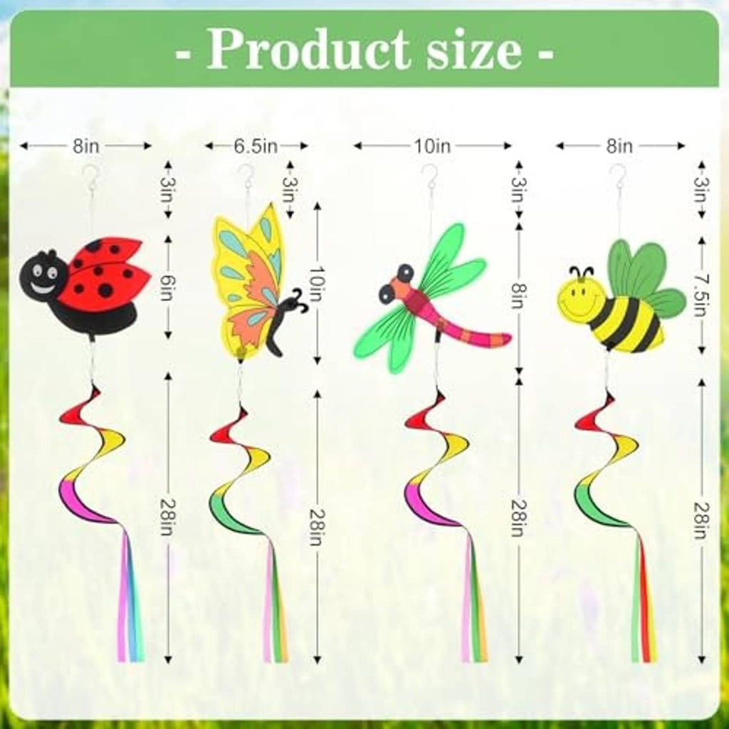 Garden wind spinner set with four cartoon figures, shown with size measurements
