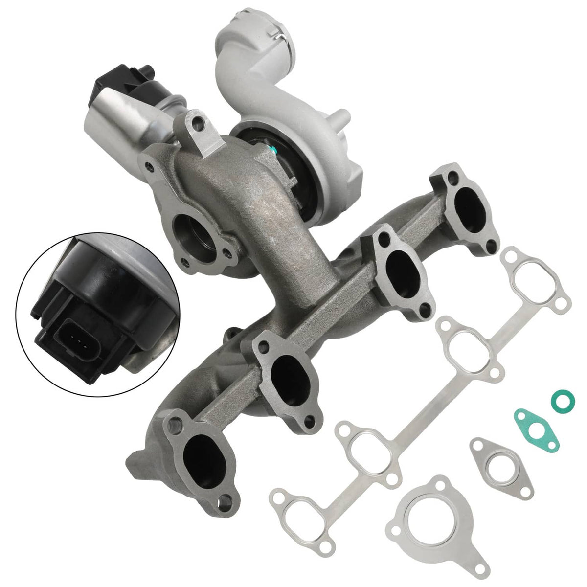 Turbocharger assembly with turbo housing and gasket components, shown with connectors