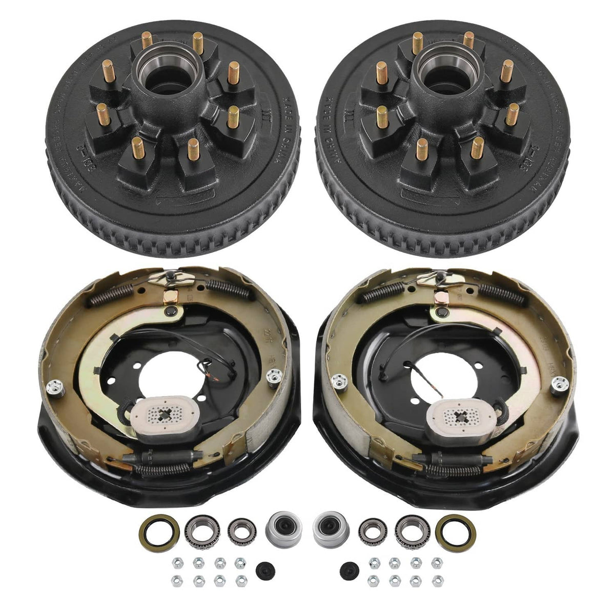 Pair of electric brake drum hub assemblies with mounting studs and backing plates