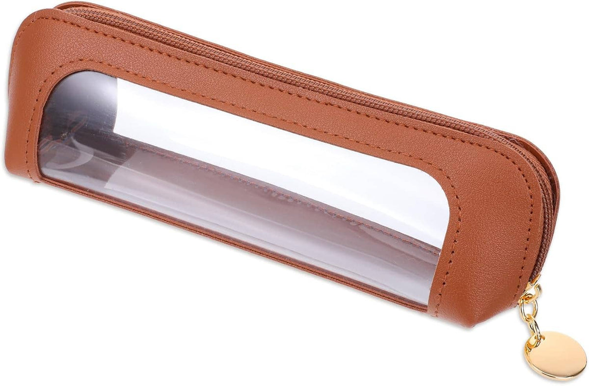 Tan PU makeup brush bag with clear window panel, zipper top, and gold keyring charm