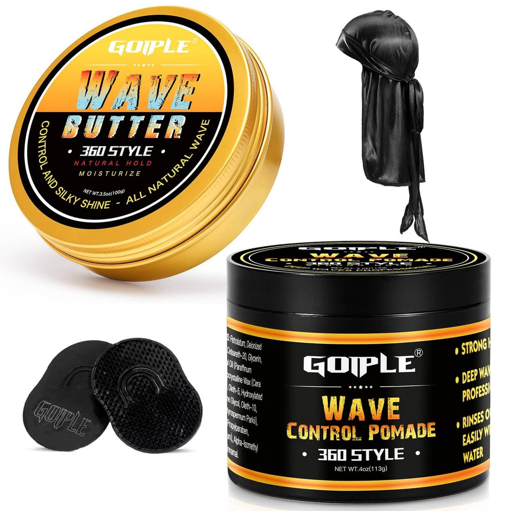 GOIPLE Wave Butter hair pomade jar, black and gold round container with lid