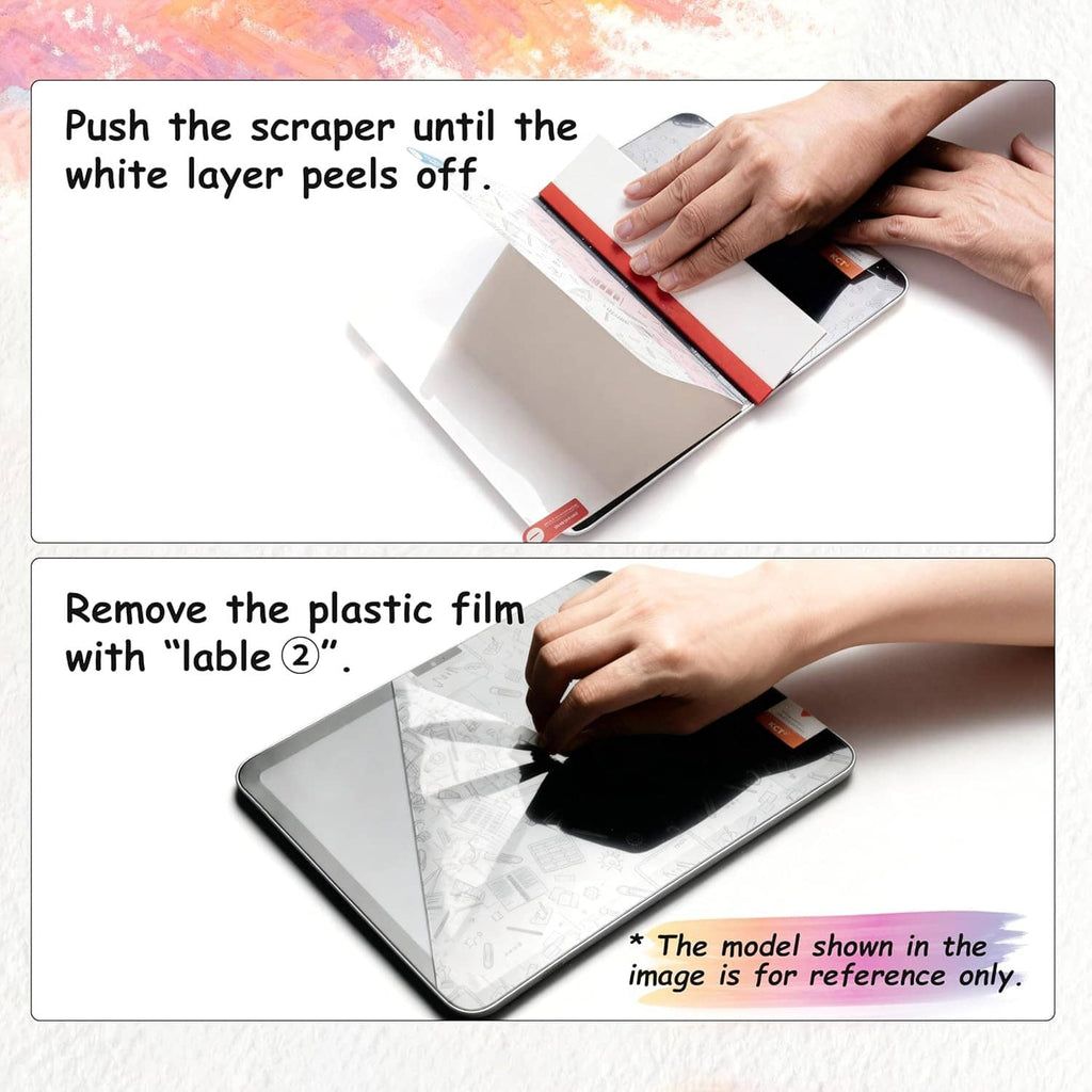 Screen protector installation showing scraper use and removing plastic film from tablet