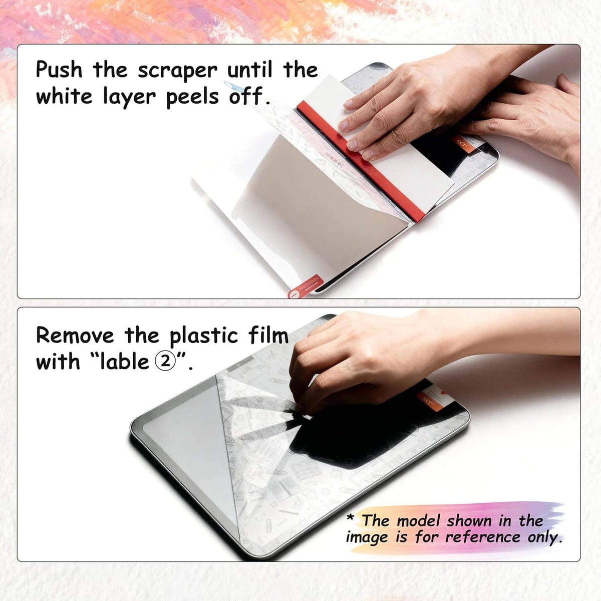 Screen protector installation showing scraper use and removing plastic film from tablet