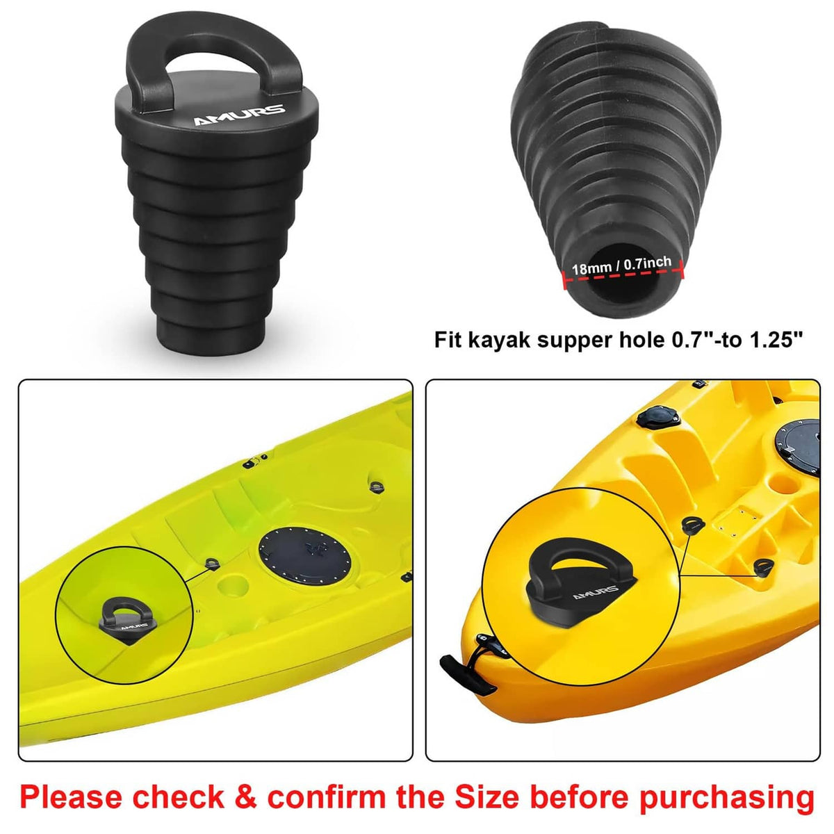 Black scupper plug with handle, fit range 0.7 to 1.25 in