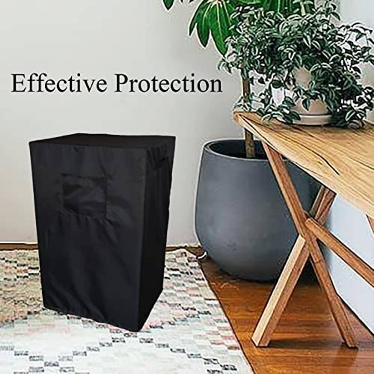 Black portable air conditioner cover with gray top and front access window